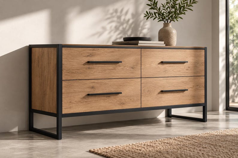 Four-drawer wood and black steel cabinet in a sunlit interior