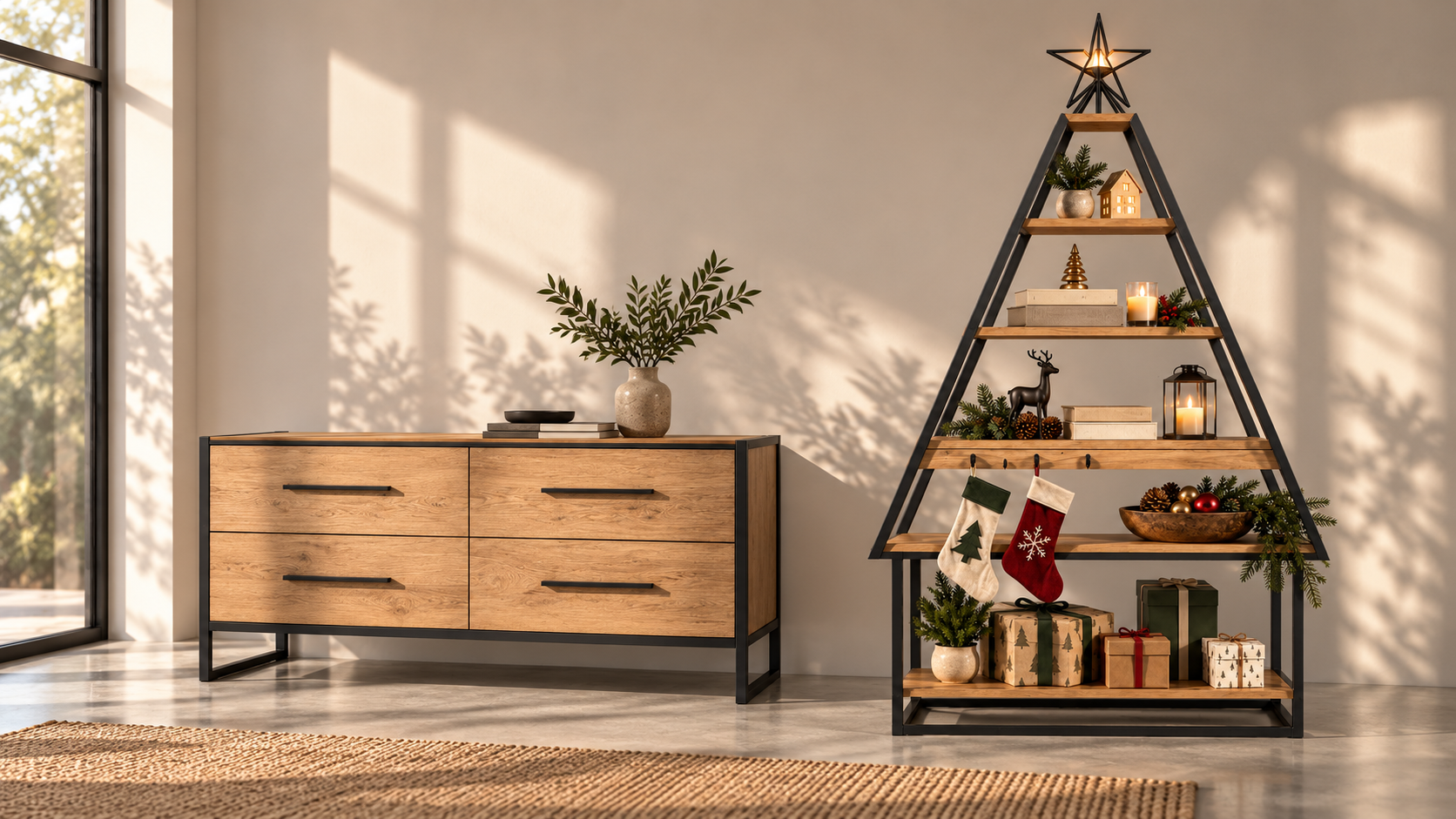 FORMFRAME PLANS: four-drawer cabinet and Christmas tree shelf exhibited together in a contemporary showroom