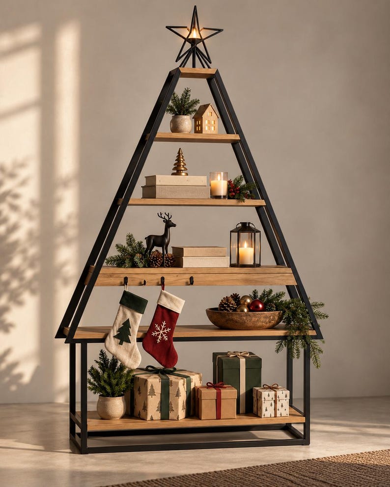 Christmas tree shelf with wooden shelves and a black steel frame in an interior